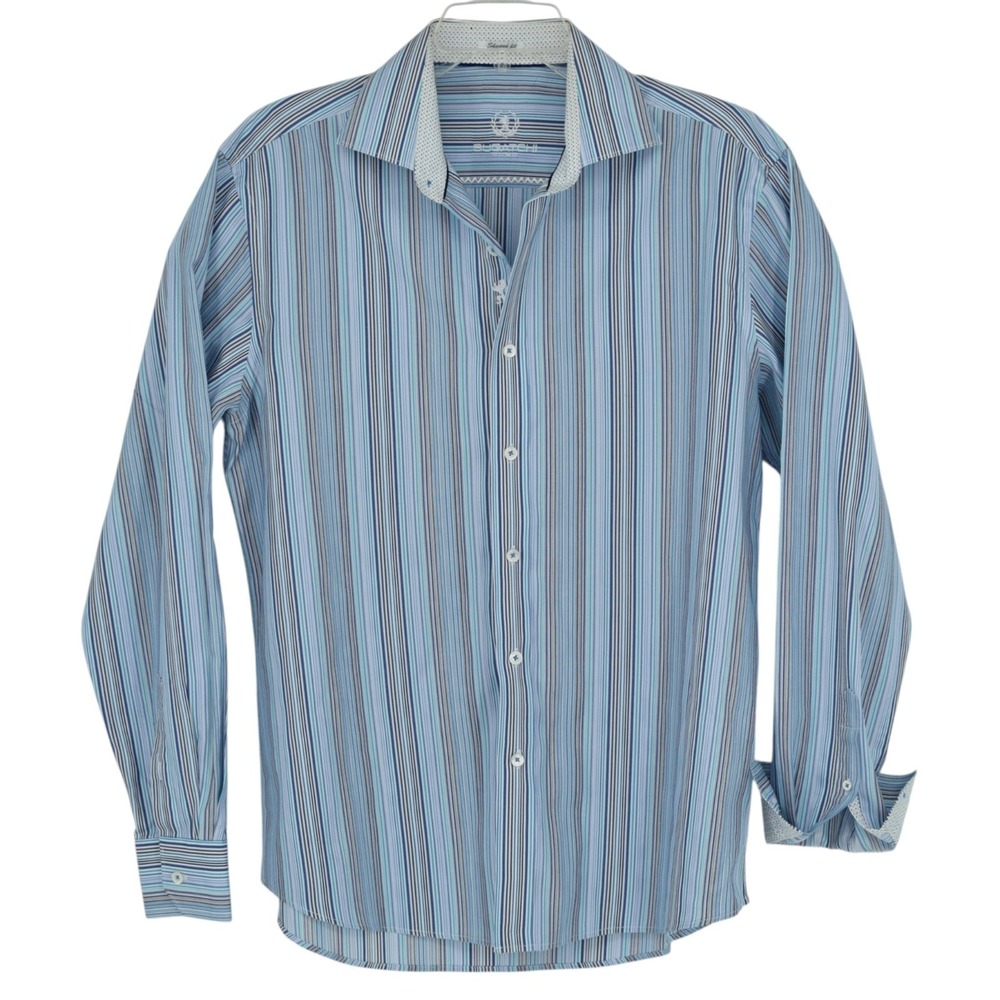 Bugatchi Mens L Long Sleeve Sports Shirt Tonal Blue Striped Shaped Fit Flip Cuff